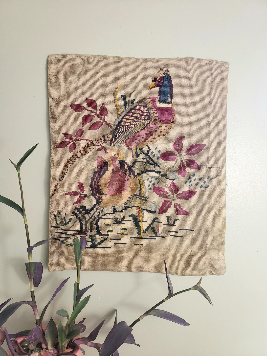 Vintage Mid Century Needlepoint Folk Art Pheasants Tapestry Etsy