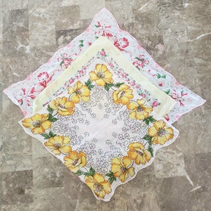Set of 3 Vintage Handkerchiefs, Pink and Yellow Floral Handkerchiefs