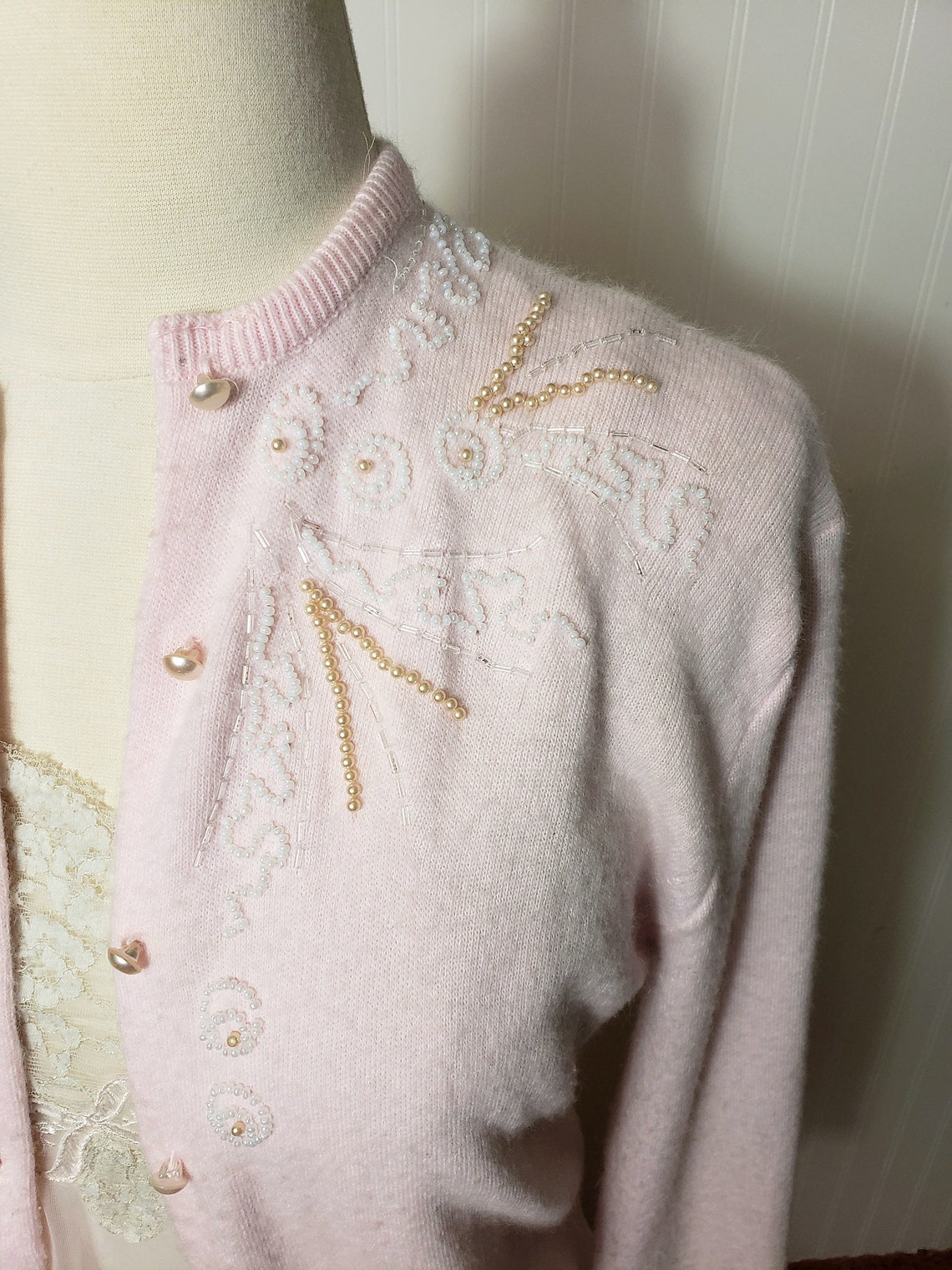 Vintage pink feather trim cardigan