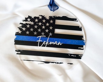 Personalized Police Ornament with Badge, Thin Blue Line Gift for Police Officer, 2023 Custom Family Name Ornament for Cop, Police Chief Gift