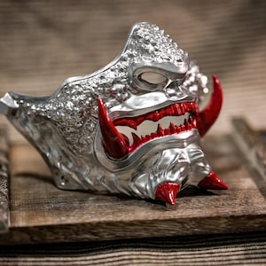Silver Hero Oni mask half face samurai mask Mempo Hannya mask japanese armor, Halloween mask carnival masquerade mask cosplay role play mask