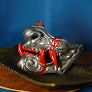 Grey Wolf, Samurai mask, Oni mask half face japanese armor hannya menpo halloween mask masquerade carnival party cosplay role play, 3d print