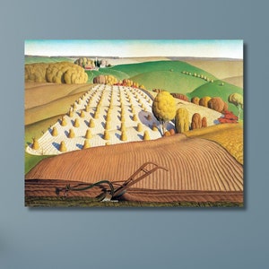 May include: A painting of a rural landscape with a field of hay bales in the foreground. The field is surrounded by trees and hills. A plow is in the field, and there is a farmhouse in the distance.