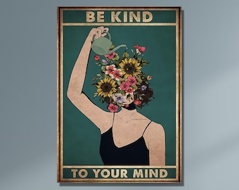 Be Kind To Your Mind Canvas Print Wall Art | Mental Health Poster Art Floral Print | Mental Health Awareness Art | Love Yourself Poster