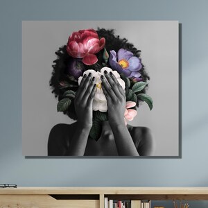 African American Woman With Flowers Poster, &quot;Flowers&quot; Gallery Wrap, Leinwanddruck- Afroamerikanische Kunst, Kostenloser Versand, große Leinwand