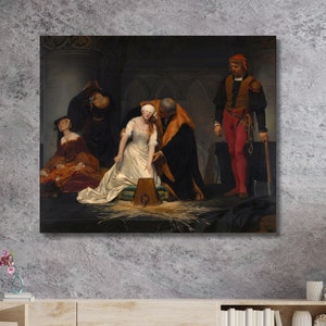 May include: A painting depicting a scene from a historical event. A woman in a white dress kneels on the ground, surrounded by other figures. The woman is being held by a man in a dark robe, while another man in a red and black outfit stands nearby. The painting is set in a dark, shadowy room with a stone floor.