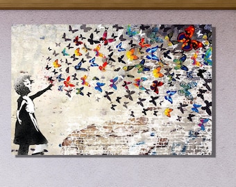 Banksy Street Art, Banksy Wall Art, Butterfly Girl Decor,Colorful Butterflies Art,Graffiti Wall Art,Butterfly Girl Canvas Wall Art
