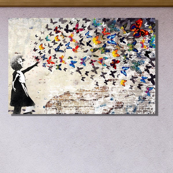 Banksy Street Art, Banksy Wall Art, Butterfly Girl Decor,Colorful Butterflies Art,Graffiti Wall Art,Butterfly Girl Canvas Wall Art