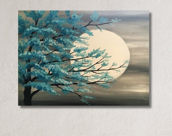 Moon Wall Decor,Moon Over The Tree,Moon Scenery Poster,Blossom Tree and Moon Canvas Art,Home Office Print,Gift For Her,Abstract Decor