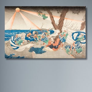 May include: A vintage Japanese woodblock print depicting a scene of people gathered on a beach with a boat in the foreground. The sun is shining brightly in the sky, and the water is a deep blue. The print is in shades of blue, green, and brown.