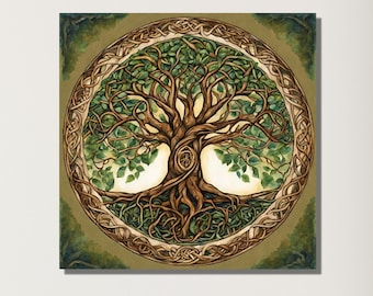 Può includere: Un design celtico dell'Albero della Vita in verde, marrone e oro con nodi intricati. L'albero è circondato da un cerchio di foglie e rami.
