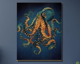 Krake Wandkunst|Octopus Leinwand Wandkunst|Wild Octopus Malerei|Tier große Wandkunst|Badezimmer Dekor|Büro Wandkunst
