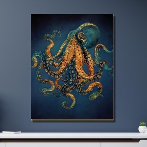 Octopus Wall Art|Octopus Canvas Wall Art|Wild Octopus Painting|Animal Large Wall Art|Bathroom decor|Office Wall Art
