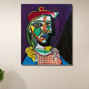 Portrait of Marie-Thérèse Walter Print Canvas Wall Art by Pablo Picasso|Pablo Picasso Art Wall Decor|Femme au béret et à la robe quadrillée