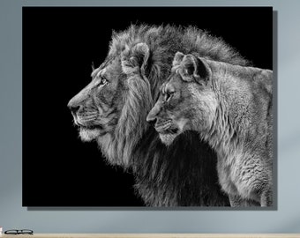 Lienzo impreso con pareja de leones, león en blanco y negro, decoración de pared con foto de león, lienzo abstracto de león, arte de pintura de animales, regalo para pareja