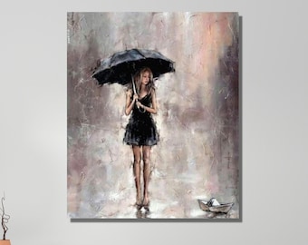 Woman under Rain Wall Hanging|Umbrella Girl Canvas Painting|Room Decor|Woman with Umbrella canvas painting|woman walking in the rain poster