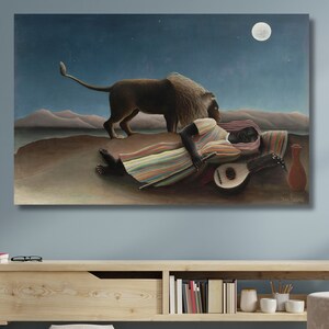 Exposición La gitana durmiente, 1897, arte mural, bellas artes, de Henri Rousseau, listo para colgar, idea de regalo, póster en lienzo, cuadro famoso para decorar la pared