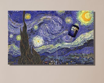 Doctor Who TARDIS Canvas Wall Art|Van Gogh Starry Night Inspired|Whovians Fandom Gift|Tardis Dr Who Poster|The Starry Night Mashup Poster