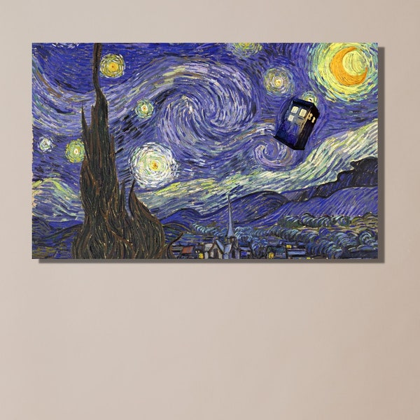 Doctor Who TARDIS Leinwand Wandkunst|Van Gogh Starry Night Inspiriert|Whowians Fandom Geschenk|Tardis Dr Who Poster|The Starry Night Mashup Poster