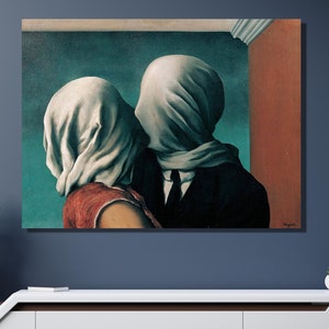 Os Amantes Beijando Cartaz Arte De Parede Em Tela Por René Magritte|René Magritte Obras De Arte|Os Amantes 1928 Reprodução|Os Amantes Impresso