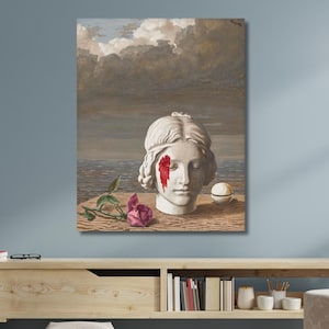 Memory (La mémoire) by Rene Margritte Canvas Art|Surrealism Art|Rene Magritte Poster|Exhibition Artworks|Head Sculpture with Rose and Blood