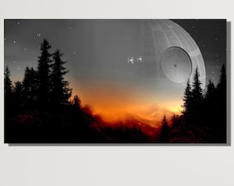 Star Wars Death Star Canvas Print Wall Art | Starry Sky Canvas Print | Death Star War Landscape Sunset Paint | Return Of The Jedi Star Wars