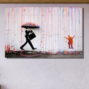Banksy Singing in The Coloured Rain Print Wall Art Canvas|Modern Wall Art Decor|Banksy Coloured Rain Canvas Wall Art|Umbrella Man