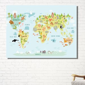 Kinder Weltkarte Poster, Lerndruck, Tiere Weltkarte Leinwanddruck, Kinderzimmer Dekor, Kinderzimmer Dekor, Geschenk für Kinder, Kinder Tier