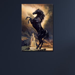 May include: A black horse rearing up on its hind legs against a dramatic backdrop of clouds and a rocky cliff. The horse is captured in a powerful pose, showcasing its strength and grace.