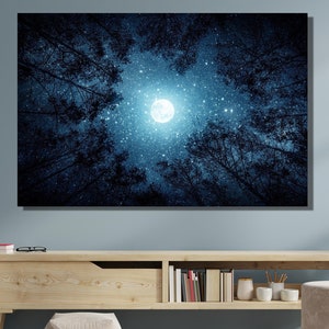 Sternenhimmel Wandkunst, Nachtansicht Kunst, Geschenk Poster, Nachthimmel Leinwand Kunst, Waldlandschaft Dekor, Wohnzimmer Wandkunst, Geschenk für Haus