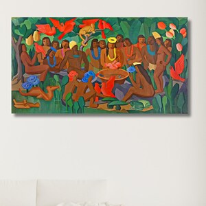 May include: A vibrant painting depicts a group of people in a lush, green environment. The figures, with brown skin, are engaged in various activities. Red birds and flowers add pops of color. The artwork is displayed on a white wall above a white bench.