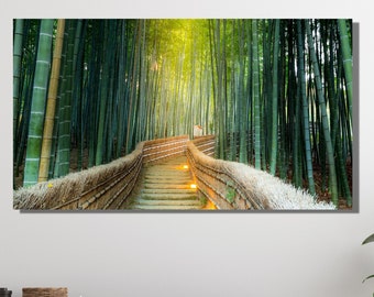 May include: A photograph of a pathway through a bamboo forest. The path is lined with stone steps and wooden railings. The sunlight shines through the bamboo stalks, creating a warm glow.