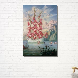 La llegada del barco de las flores de Vladimir Kush / Pintura surrealista sobre lienzo de Vladimir Kush / Grabados de Vladimir Kush / Reproducción sobre lienzo / Idea de regalo