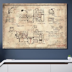 Póster con mapa de Resident Evil/Plano de la mansión Spencer, lienzo para pared, decoración de cueva de hombre, decoración de sala de juegos, plano y mapa de la mansión Spencer