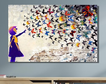 Banksy Street Art, Banksy Wall Art, Butterfly Girl Decor,Colorful Butterflies Art,Graffiti Wall Art,Butterfly Girl Canvas Wall Art|Gift Idea