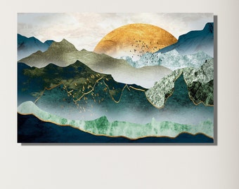 Impresión artística de montaña verde, lienzo de arte de pared al atardecer, decoración de habitación/oficina, decoración de pared de dormitorio, pintura de paisaje natural, hermoso paisaje, idea de regalo