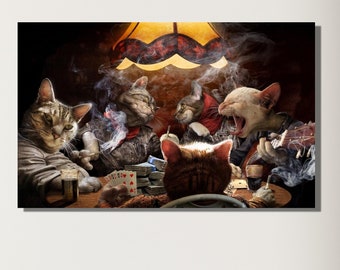 Cats With Playing Cards Wall Art,Game Room Canvas,Cute Funny Canvas,Abstract Cats Canvas Decor,Cats Art,Gift for Her,Animal Poker Canvas