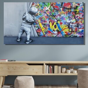 Banksy Child Stage Canvas,Living Room Decor,Child Pulling Back Curtain Canvas,Banksy Wall Art,Trendy Wall Decor,Urban Style Canvas