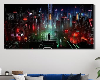 Pôster em tela da cidade Cyberpunk | Presente de pôster do jogo | Pôster Cyberpunk | Pôster em tela da cidade Cyberpunk