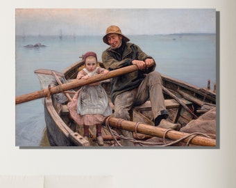 Emile Renouf Helping Hand 1881 Poster Print|Emile Renouf Art|Old Fisherman Helping Young Girl|Fisherman Boat|Helping Hand Old Fisherman