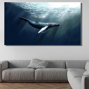 Big Blue Whale Original Art Decor,Underwater Life Wall Art,Blue whale art Livingroom decor Office decor,Home Design Wall Decor,Ready To Hang