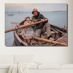 Emile Renouf Helping Hand 1881 Poster Print|Emile Renouf Art|Old Fisherman Helping Young Girl|Fisherman Boat|Helping Hand Old Fisherman