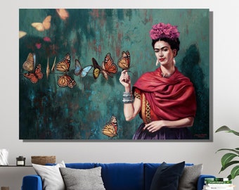 Frida Butterflies Pink Flowers Art|Frida Kahlo Canvas Art|Butterflies Canvas|Woman Wall Decor|Frida|Frida Pink Flowers Painting