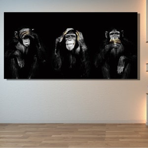 Dark 3 Funny Monkey Canvas Wall Art,Animal Wall Art,3 wise Monkey&#39;s,Don&#39;t See,Don&#39;t Hear,Don&#39;t Speak,Black and White Canvas,Funny Gift Idea