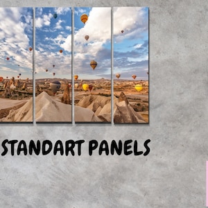 May include: A five-panel canvas print featuring a scenic landscape of hot air balloons floating over a rocky, desert-like terrain. The sky is a vibrant blue with fluffy white clouds. The print is titled "FIVE STANDART PANELS".