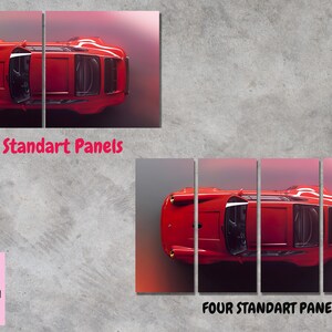 May include: A red sports car viewed from above, split into two or four panels for a multi-panel canvas print. The text "Two Standart Panels" and "Four Standart Panels" is visible below the images. The Passion Wallart logo is in the bottom left corner.