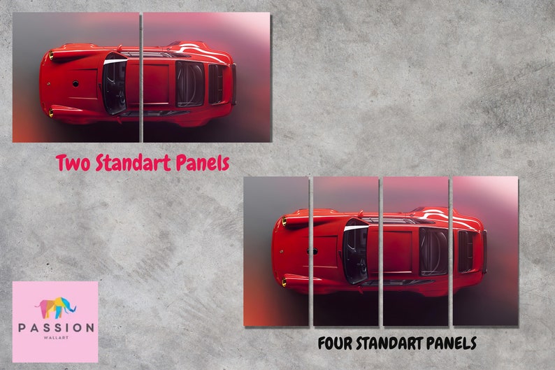 May include: A red sports car viewed from above, split into two or four panels for a multi-panel canvas print. The text "Two Standart Panels" and "Four Standart Panels" is visible below the images. The Passion Wallart logo is in the bottom left corner.