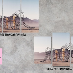 May include: Three-panel canvas art print featuring a black metal sculpture of a person holding a smaller person in a desert landscape. The sculpture is made of wire and has a geometric design. The background is a hazy desert landscape with mountains in the distance. The text "THREE STANDART PANELS" is printed below the image.