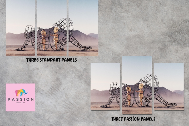 May include: Three-panel canvas art print featuring a black metal sculpture of a person holding a smaller person in a desert landscape. The sculpture is made of wire and has a geometric design. The background is a hazy desert landscape with mountains in the distance. The text "THREE STANDART PANELS" is printed below the image.