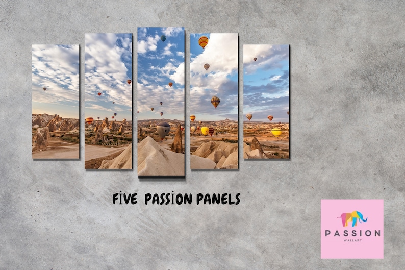May include: Five colorful hot air balloons float in the sky over a rocky landscape. The image is divided into five panels, creating a multi-panel wall art piece. The text "Five Passion Panels" is printed below the image.